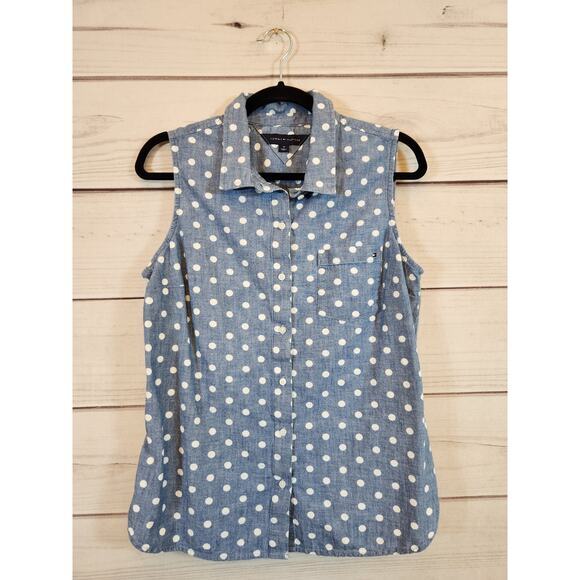 Tommy Hilfiger Womens Blue White Polka Dot Sleeveless Button Front Blouse Medium - Picture 1 of 6